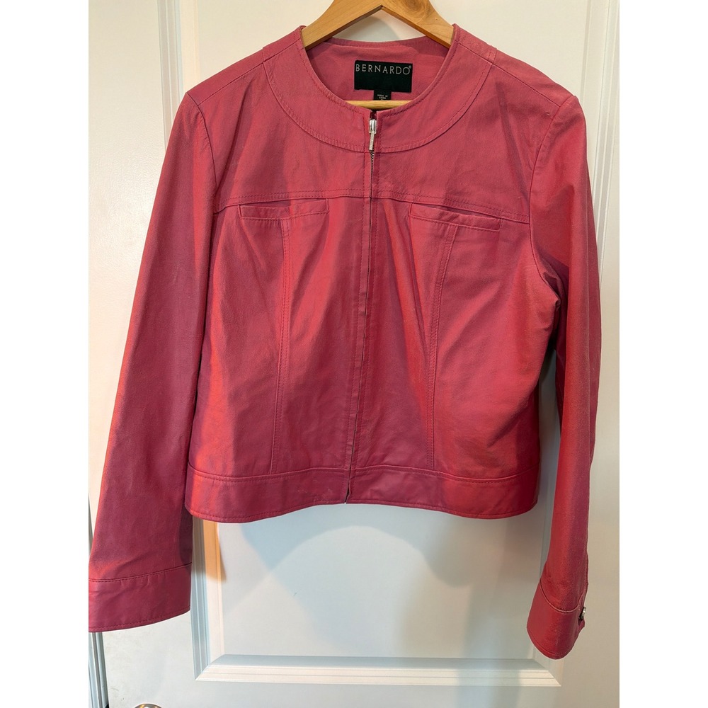 Bernardo Womens Pink Genuine Leather Zip Up Jacket Floral Lining XL F0458